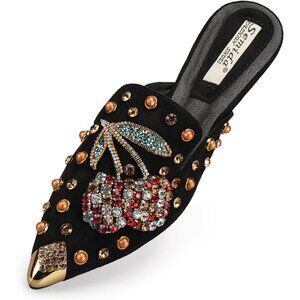 Women's Black Flats Comfortable Soft Insole Pointed Cherry Mule Shoes